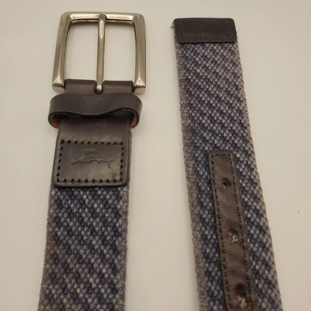 Tommy Bahama Swordfish Blue Woven Belt 34 Genuine Leather Accents Trim Mens